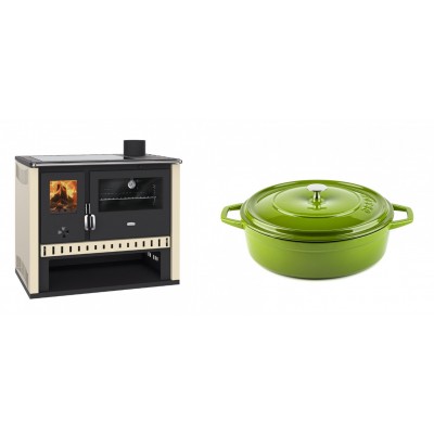 Set Küchenofen / Küchenhexe Prity GT, mit Glaskeramik-Kochfeld, Leistung 15 kW + Gusseisen Topf Flach Solagio, Bamboo, Ф26 - Kaminofen - Holzofen mit Backfach
