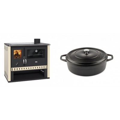 Set Küchenofen / Küchenhexe Prity GT, mit Glaskeramik-Kochfeld, Leistung 15 kW + Gusseisen Topf Flach Solagio, Black Onyx, Ф26 - Kaminofen - Holzofen mit Backfach