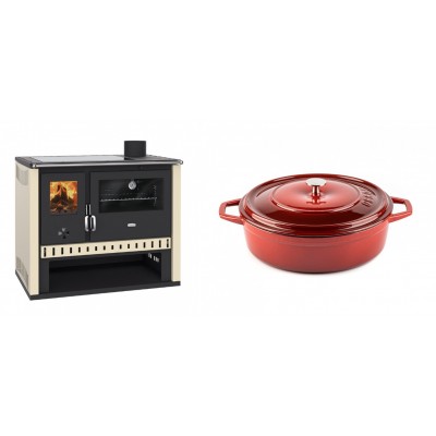 Set Küchenofen / Küchenhexe Prity GT, mit Glaskeramik-Kochfeld, Leistung 15 kW + Gusseisen Topf Flach Solagio, Rubin, Ф26 - Kaminofen - Holzofen mit Backfach