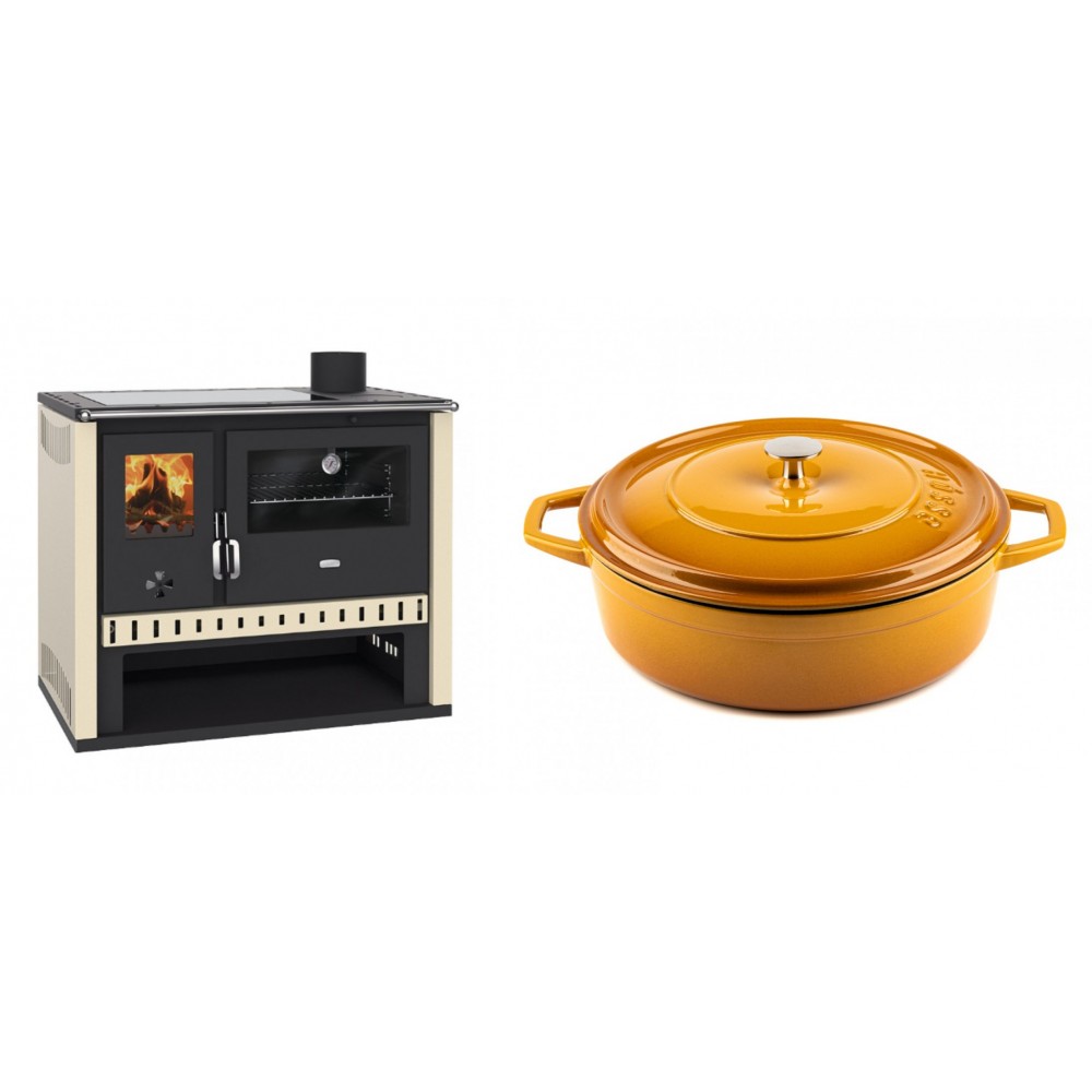 Set Küchenofen / Küchenhexe Prity GT, mit Glaskeramik-Kochfeld, Leistung 15 kW + Gusseisen Topf Flach Solagio, Dijon, Ф28 | Kaminofen - Holzofen mit Backfach | Kaminofen |