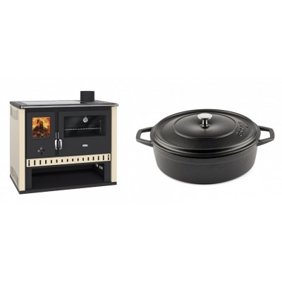 Set Küchenofen / Küchenhexe Prity GT, mit Glaskeramik-Kochfeld, Leistung 15 kW + Gusseisen Topf Flach Solagio, Black Onyx, Ф28 - Kaminofen - Holzofen mit Backfach