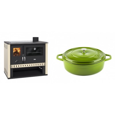 Set Küchenofen / Küchenhexe Prity GT, mit Glaskeramik-Kochfeld, Leistung 15 kW + Gusseisen Topf Flach Solagio, Bamboo, Ф28 - Kaminofen - Holzofen mit Backfach