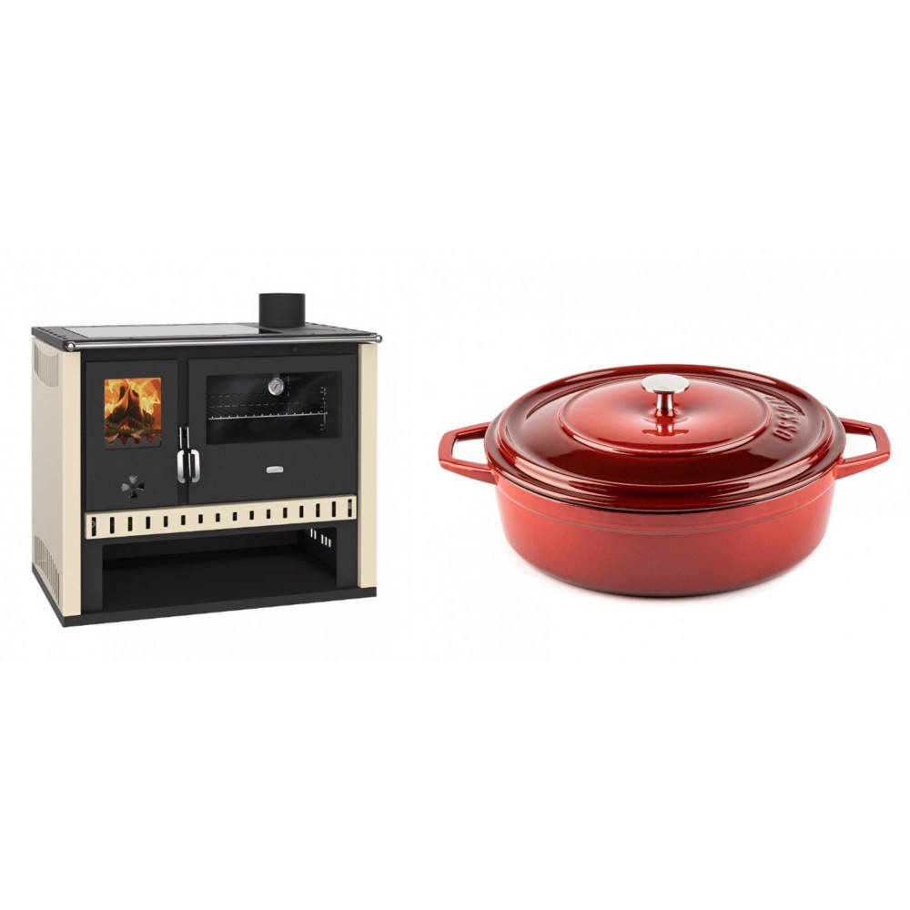 Set Küchenofen / Küchenhexe Prity GT, mit Glaskeramik-Kochfeld, Leistung 15 kW + Gusseisen Topf Flach Solagio, Rubin, Ф28