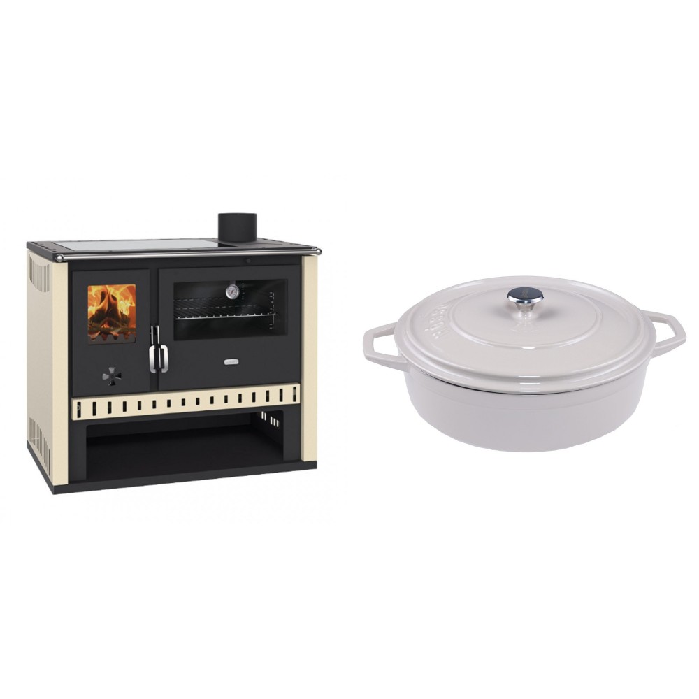 Set Küchenofen / Küchenhexe Prity GT, mit Glaskeramik-Kochfeld, Leistung 15 kW + Gusseisen Topf Flach Solagio, Ivory, Ф28 | Kaminofen - Holzofen mit Backfach | Kaminofen |