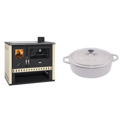 Set Küchenofen / Küchenhexe Prity GT, mit Glaskeramik-Kochfeld, Leistung 15 kW + Gusseisen Topf Flach Solagio, Ivory, Ф28 - Kaminofen - Holzofen mit Backfach