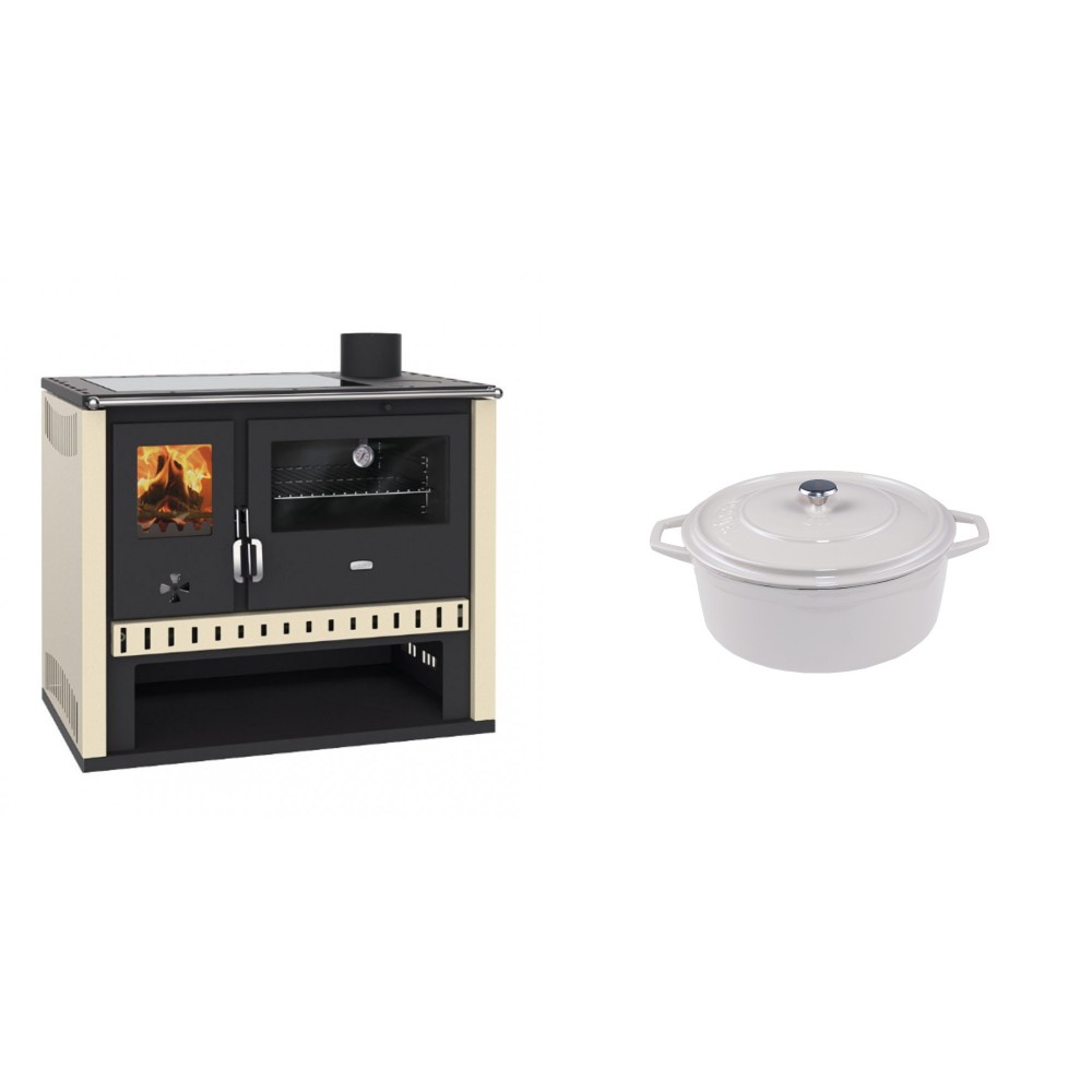 Set Küchenofen / Küchenhexe Prity GT, mit Glaskeramik-Kochfeld, Leistung 15 kW + Gusseisen Topf Tiefer Solagio, Ivory, Ф12 | Kaminofen - Holzofen mit Backfach | Kaminofen |