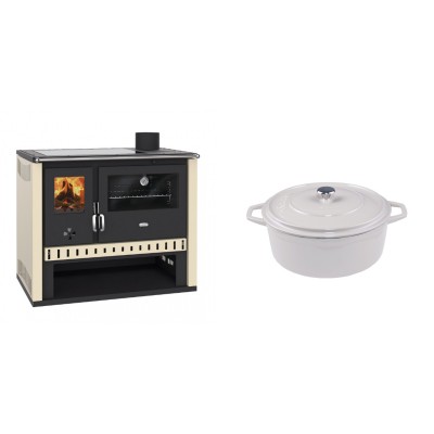 Set Küchenofen / Küchenhexe Prity GT, mit Glaskeramik-Kochfeld, Leistung 15 kW + Gusseisen Topf Tiefer Solagio, Ivory, Ф20 - Kaminofen - Holzofen mit Backfach