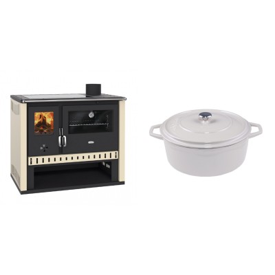 Set Küchenofen / Küchenhexe Prity GT, mit Glaskeramik-Kochfeld, Leistung 15 kW + Gusseisen Topf Tiefer Solagio, Ivory, Ф24 - Kaminofen - Holzofen mit Backfach