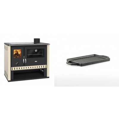 Set Küchenofen / Küchenhexe Prity GT, mit Glaskeramik-Kochfeld, Leistung 15 kW + Mini-Grillplatte aus Gusseisen Solagio, 15.5x22.5cm - Kaminofen - Holzofen mit Backfach
