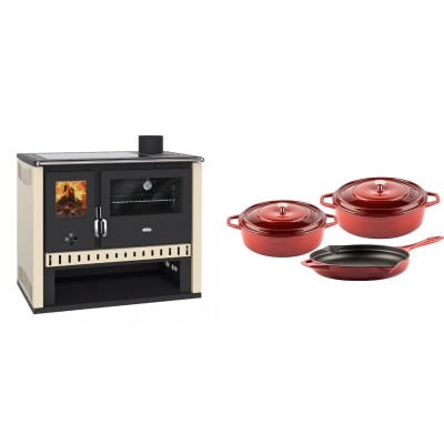 Set Küchenofen / Küchenhexe Prity GT, mit Glaskeramik-Kochfeld, Leistung 15 kW + Gusseisen Topf Set aus 3 teilen Solagio, Rubin - Kaminofen - Holzofen mit Backfach