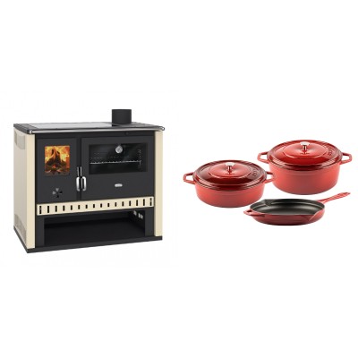Set Küchenofen / Küchenhexe Prity GT, mit Glaskeramik-Kochfeld, Leistung 15 kW + Gusseisen Topf Set aus 3 teilen Solagio, Rubin - Kaminofen - Holzofen mit Backfach