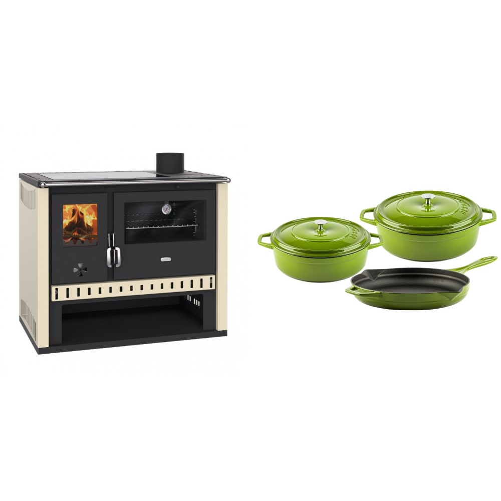 Set Küchenofen / Küchenhexe Prity GT, mit Glaskeramik-Kochfeld, Leistung 15 kW + Gusseisen Topf Set aus 3 teilen Solagio, Bamboo