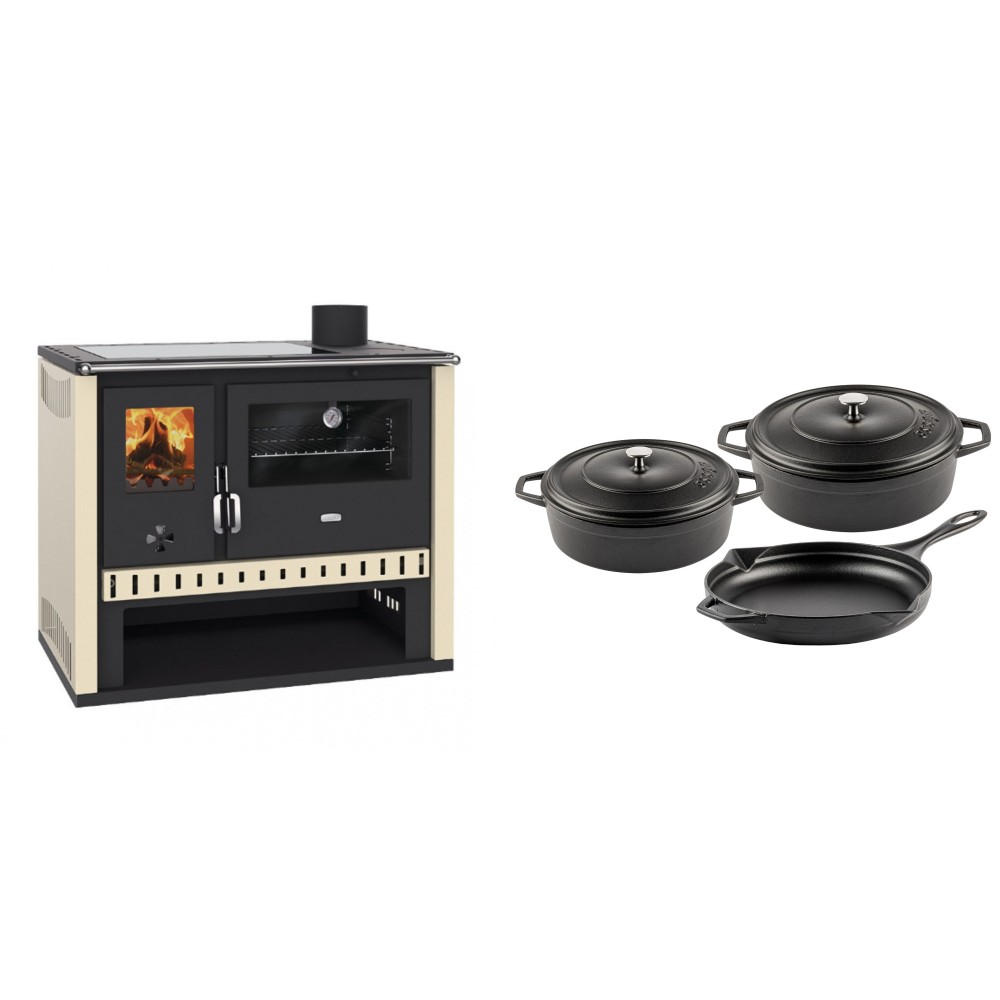 Set Küchenofen / Küchenhexe Prity GT, mit Glaskeramik-Kochfeld, Leistung 15 kW + Gusseisen Topf Set aus 3 teilen Solagio, Black Onyx | Kaminofen - Holzofen mit Backfach | Kaminofen |