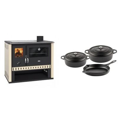 Set Küchenofen / Küchenhexe Prity GT, mit Glaskeramik-Kochfeld, Leistung 15 kW + Gusseisen Topf Set aus 3 teilen Solagio, Black Onyx - Kaminofen - Holzofen mit Backfach