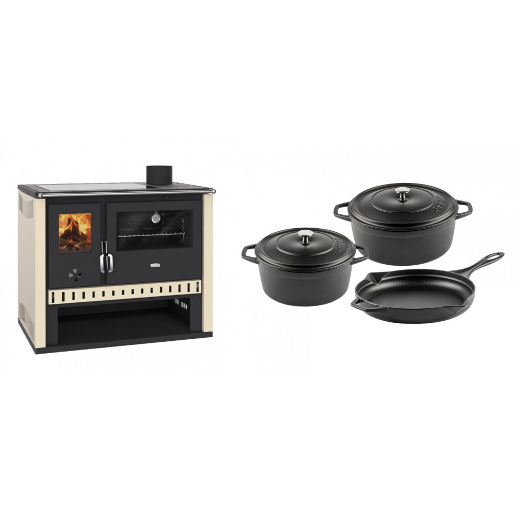 Set Küchenofen / Küchenhexe Prity GT, mit Glaskeramik-Kochfeld, Leistung 15 kW + Gusseisen Topf Set aus 3 teilen Solagio, Black Onyx