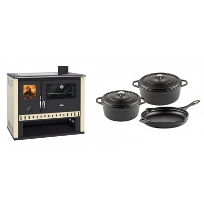 Set Küchenofen / Küchenhexe Prity GT, mit Glaskeramik-Kochfeld, Leistung 15 kW + Gusseisen Topf Set aus 3 teilen Solagio, Black Onyx - Kaminofen - Holzofen mit Backfach