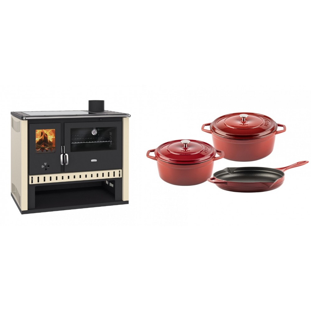 Set Küchenofen / Küchenhexe Prity GT, mit Glaskeramik-Kochfeld, Leistung 15 kW + Gusseisen Topf Set aus 3 teilen Solagio, Rubin