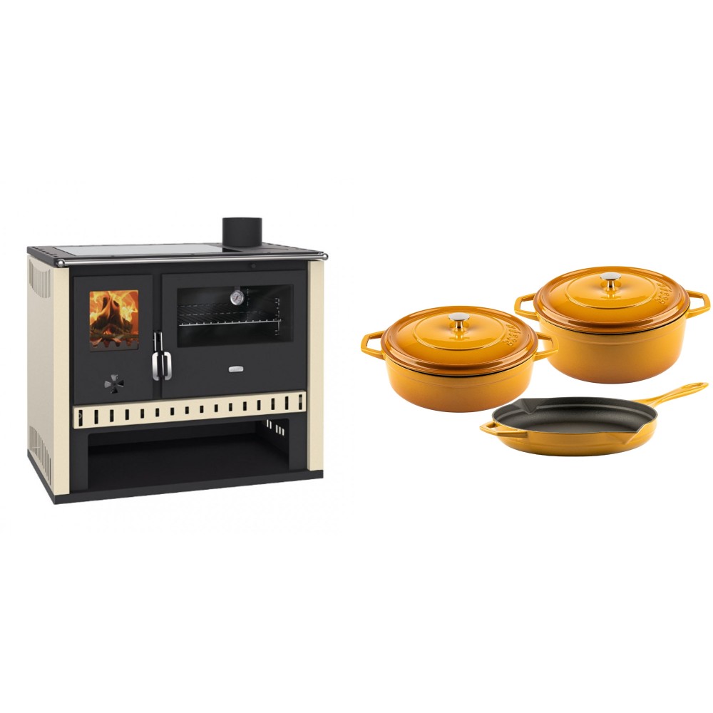 Set Küchenofen / Küchenhexe Prity GT, mit Glaskeramik-Kochfeld, Leistung 15 kW + Gusseisen Topf Set aus 3 teilen Solagio, Dijon