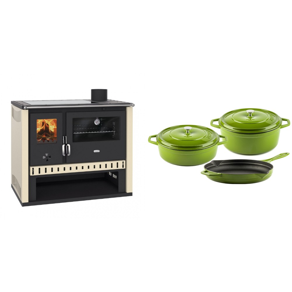 Set Küchenofen / Küchenhexe Prity GT, mit Glaskeramik-Kochfeld, Leistung 15 kW + Gusseisen Topf Set aus 3 teilen Solagio, Bamboo | Kaminofen - Holzofen mit Backfach | Kaminofen |