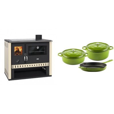 Set Küchenofen / Küchenhexe Prity GT, mit Glaskeramik-Kochfeld, Leistung 15 kW + Gusseisen Topf Set aus 3 teilen Solagio, Bamboo - Kaminofen - Holzofen mit Backfach