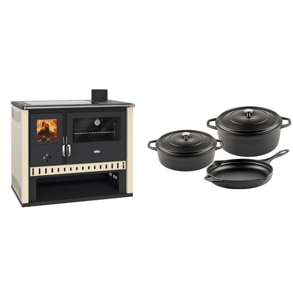 Set Küchenofen / Küchenhexe Prity GT, mit Glaskeramik-Kochfeld, Leistung 15 kW + Gusseisen Topf Set aus 3 teilen Solagio, Black Onyx