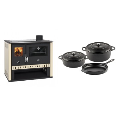 Set Küchenofen / Küchenhexe Prity GT, mit Glaskeramik-Kochfeld, Leistung 15 kW + Gusseisen Topf Set aus 3 teilen Solagio, Black Onyx - Kaminofen - Holzofen mit Backfach