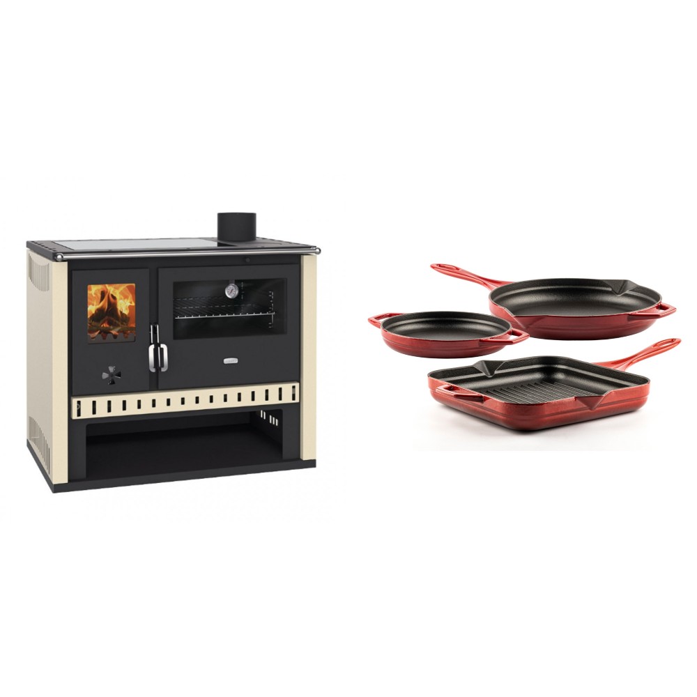 Set Küchenofen / Küchenhexe Prity GT, mit Glaskeramik-Kochfeld, Leistung 15 kW + Gusseisen Topf Set aus 3 teilen Solagio, Rubin | Kaminofen - Holzofen mit Backfach | Kaminofen |