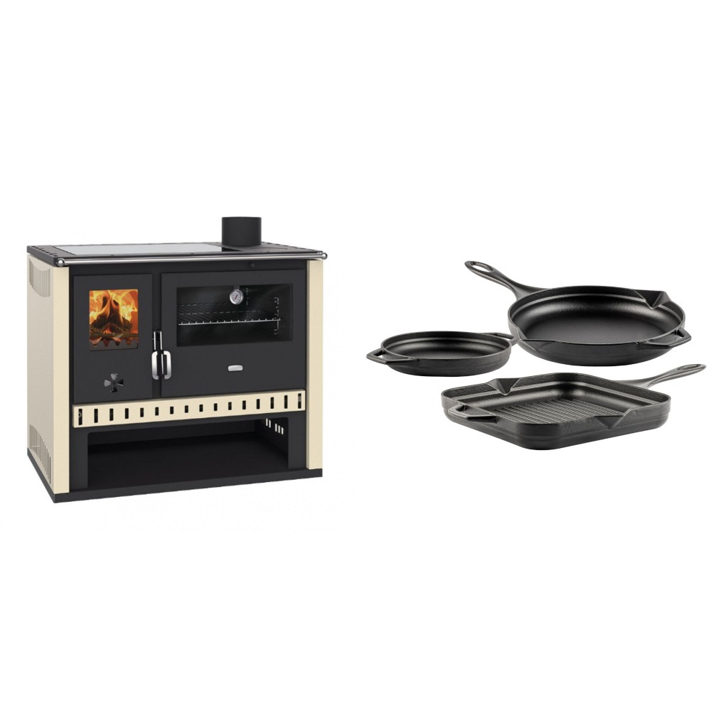 Set Küchenofen / Küchenhexe Prity GT, mit Glaskeramik-Kochfeld, Leistung 15 kW + Gusseisen Topf Set aus 3 teilen Solagio, Black Onyx