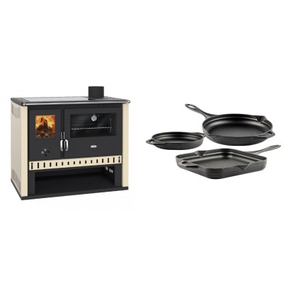 Set Küchenofen / Küchenhexe Prity GT, mit Glaskeramik-Kochfeld, Leistung 15 kW + Gusseisen Topf Set aus 3 teilen Solagio, Black Onyx - Kaminofen - Holzofen mit Backfach