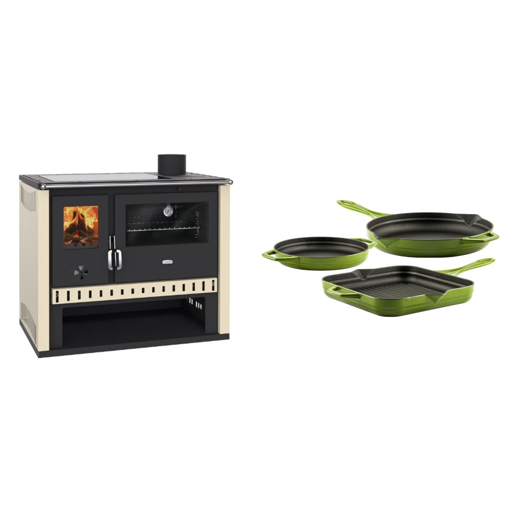 Set Küchenofen / Küchenhexe Prity GT, mit Glaskeramik-Kochfeld, Leistung 15 kW + Gusseisen Topf Set aus 3 teilen Solagio, Bamboo | Kaminofen - Holzofen mit Backfach | Kaminofen |