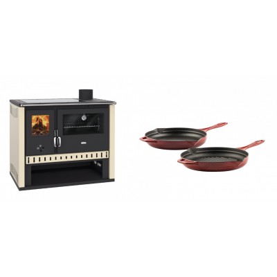 Set Küchenofen / Küchenhexe Prity GT, mit Glaskeramik-Kochfeld, Leistung 15 kW + Gusseisen Topf Set aus 2 teilen Solagio, Rubin - Kaminofen - Holzofen mit Backfach