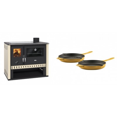 Set Küchenofen / Küchenhexe Prity GT, mit Glaskeramik-Kochfeld, Leistung 15 kW + Gusseisen Topf Set aus 2 teilen Solagio, Dijon - Kaminofen - Holzofen mit Backfach