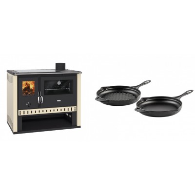 Set Küchenofen / Küchenhexe Prity GT, mit Glaskeramik-Kochfeld, Leistung 15 kW + Gusseisen Topf Set aus 2 teilen Solagio, Black Onyx - Kaminofen - Holzofen mit Backfach