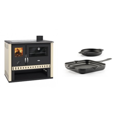 Set Küchenofen / Küchenhexe Prity GT, mit Glaskeramik-Kochfeld, Leistung 15 kW + Gusseisen Topf Set aus 2 teilen Solagio, Black Onyx - Kaminofen - Holzofen mit Backfach