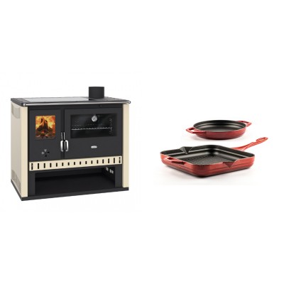 Set Küchenofen / Küchenhexe Prity GT, mit Glaskeramik-Kochfeld, Leistung 15 kW + Gusseisen Topf Set aus 2 teilen Solagio, Rubin - Kaminofen - Holzofen mit Backfach