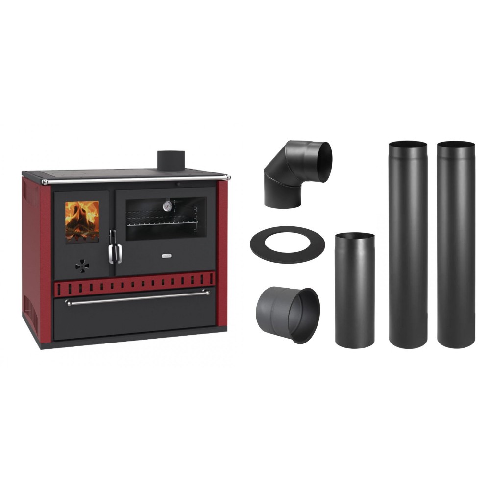 Set Küchenofen / Küchenhexe Prity GT Rot, mit Schublade, Leistung 15 kW + Schornstein Bausatz PARKANEX, Stahl Ø150, Dicke 2mm | Kaminofen - Holzofen mit Backfach | Kaminofen |