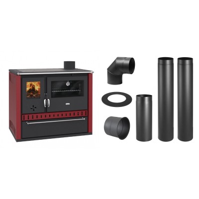 Set Küchenofen / Küchenhexe Prity GT Rot, mit Schublade, Leistung 15 kW + Schornstein Bausatz PARKANEX, Stahl Ø150, Dicke 2mm - Kaminofen - Holzofen mit Backfach