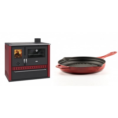 Set Küchenofen / Küchenhexe Prity GT Rot, mit Schublade, Leistung 15 kW + Emaillierte grillpfanne Gusseisen Solagio, Rubin, Ф28cm - Kaminofen - Holzofen mit Backfach