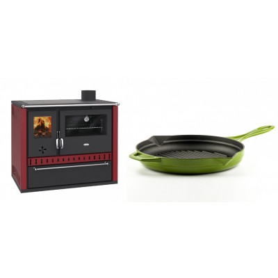 Set Küchenofen / Küchenhexe Prity GT Rot, mit Schublade, Leistung 15 kW + Emaillierte grillpfanne Gusseisen Solagio, Bamboo, Ф28cm - Kaminofen - Holzofen mit Backfach