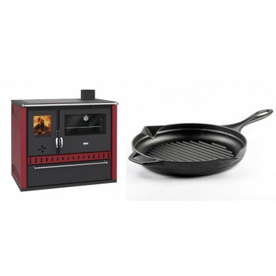 Set Küchenofen / Küchenhexe Prity GT Rot, mit Schublade, Leistung 15 kW + Emaillierte grillpfanne Gusseisen Solagio, Black Onyx, Ф28cm - Kaminofen - Holzofen mit Backfach