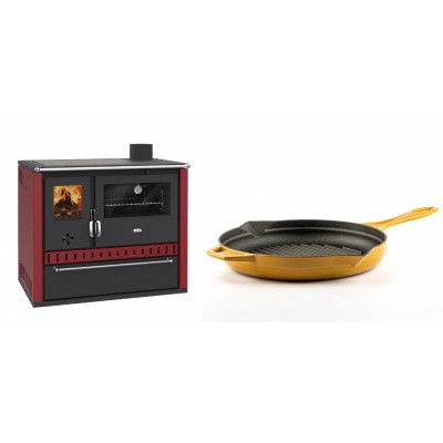Set Küchenofen / Küchenhexe Prity GT Rot, mit Schublade, Leistung 15 kW + Emaillierte grillpfanne Gusseisen Solagio, Dijon, Ф28cm - Kaminofen - Holzofen mit Backfach