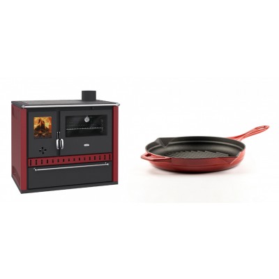 Set Küchenofen / Küchenhexe Prity GT Rot, mit Schublade, Leistung 15 kW + Emaillierte grillpfanne Gusseisen Solagio, Rubin, Ф24cm - Kaminofen - Holzofen mit Backfach