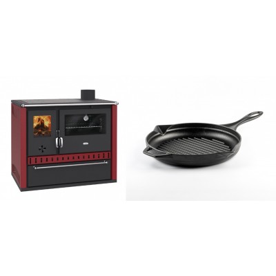 Set Küchenofen / Küchenhexe Prity GT Rot, mit Schublade, Leistung 15 kW + Emaillierte grillpfanne Gusseisen Solagio, Black Onyx, Ф24cm - Kaminofen - Holzofen mit Backfach