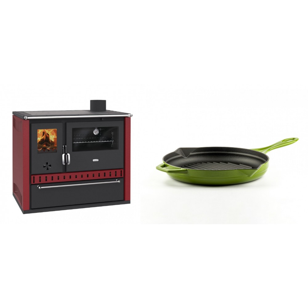 Set Küchenofen / Küchenhexe Prity GT Rot, mit Schublade, Leistung 15 kW + Emaillierte grillpfanne Gusseisen Solagio, Bamboo, Ф24cm | Kaminofen - Holzofen mit Backfach | Kaminofen |