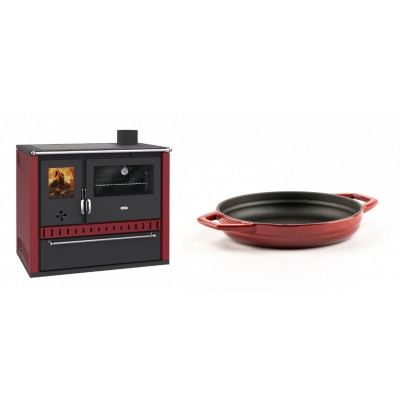 Set Küchenofen / Küchenhexe Prity GT Rot, mit Schublade, Leistung 15 kW + Emaillierte gusseisenpfanne mit zwei Griffen Solagio, Rubin, Ф19cm - Kaminofen - Holzofen mit Backfach