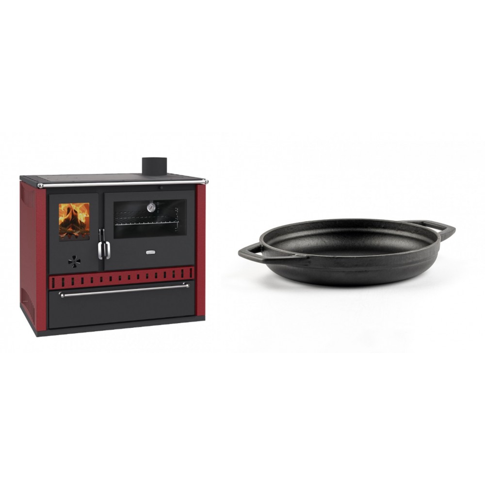 Set Küchenofen / Küchenhexe Prity GT Rot, mit Schublade, Leistung 15 kW + Emaillierte gusseisenpfanne mit zwei Griffen Solagio, Black Onyx, Ф19cm | Kaminofen - Holzofen mit Backfach | Kaminofen |