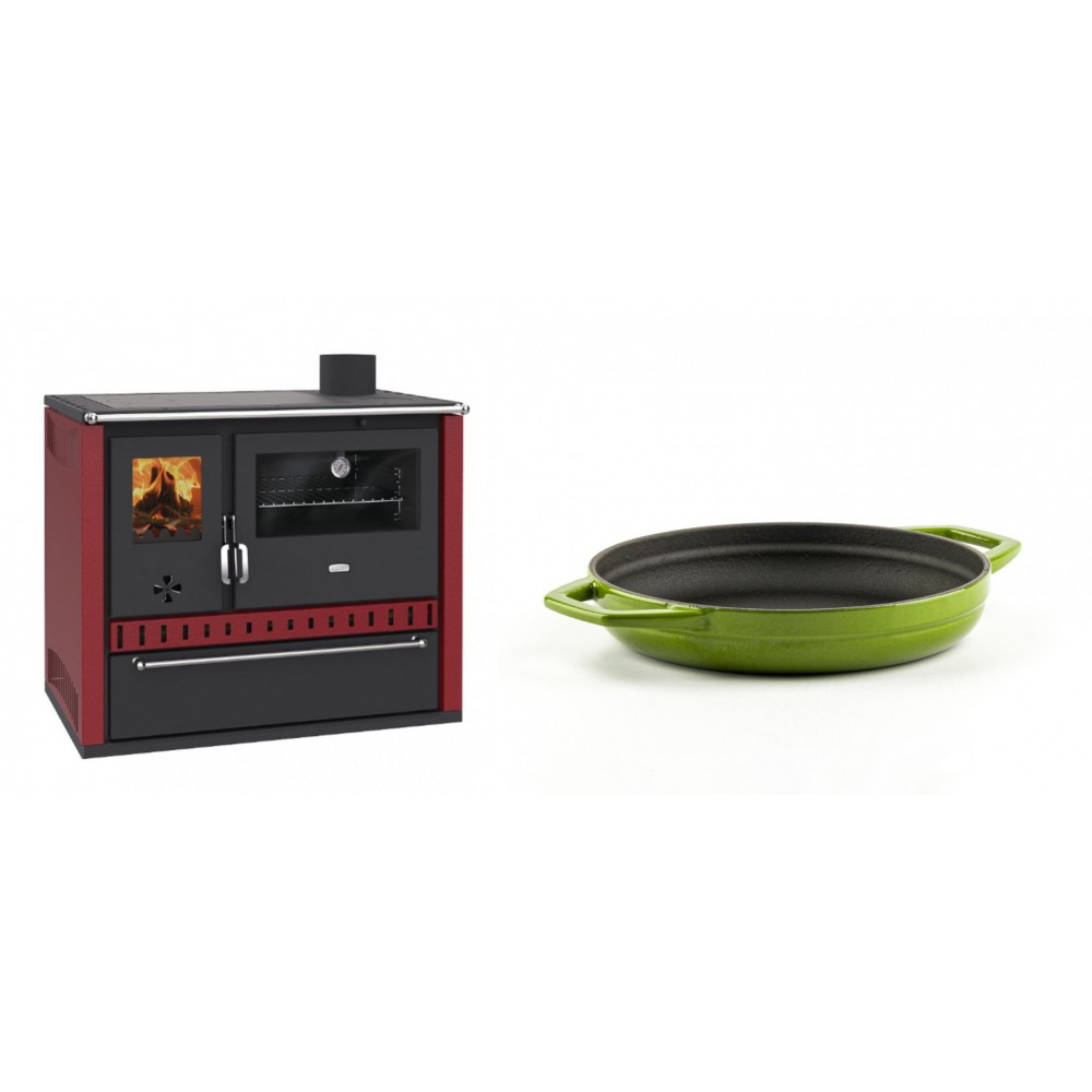 Set Küchenofen / Küchenhexe Prity GT Rot, mit Schublade, Leistung 15 kW + Emaillierte gusseisenpfanne mit zwei Griffen Solagio, Bamboo, Ф19cm | Kaminofen - Holzofen mit Backfach | Kaminofen |