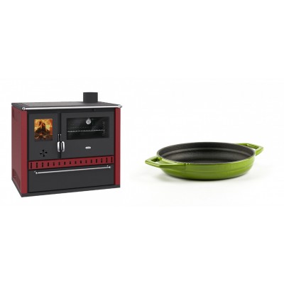 Set Küchenofen / Küchenhexe Prity GT Rot, mit Schublade, Leistung 15 kW + Emaillierte gusseisenpfanne mit zwei Griffen Solagio, Bamboo, Ф16cm - Kaminofen - Holzofen mit Backfach