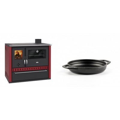 Set Küchenofen / Küchenhexe Prity GT Rot, mit Schublade, Leistung 15 kW + Emaillierte gusseisenpfanne mit zwei Griffen Solagio, Black Onyx, Ф16cm - Kaminofen - Holzofen mit Backfach