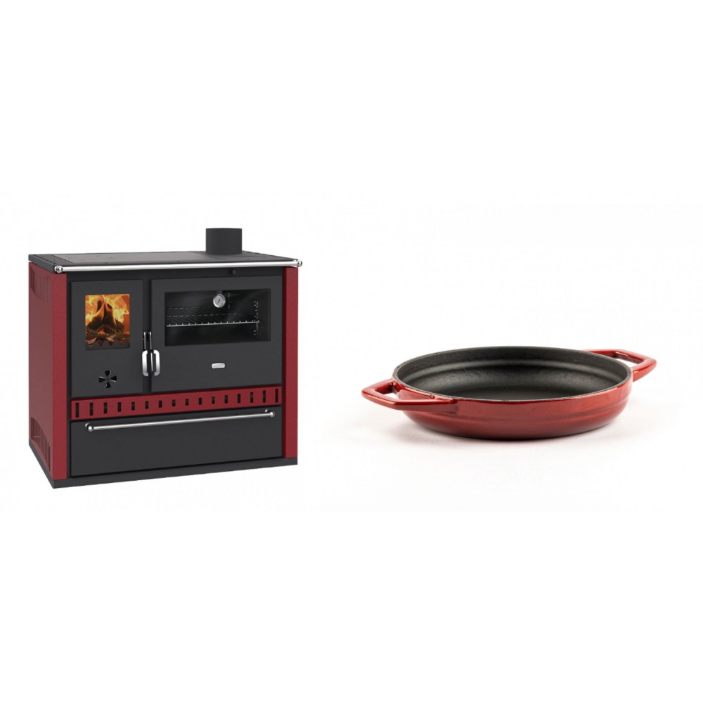 Set Küchenofen / Küchenhexe Prity GT Rot, mit Schublade, Leistung 15 kW + Emaillierte gusseisenpfanne mit zwei Griffen Solagio, Rubin, Ф16cm | Kaminofen - Holzofen mit Backfach | Kaminofen |